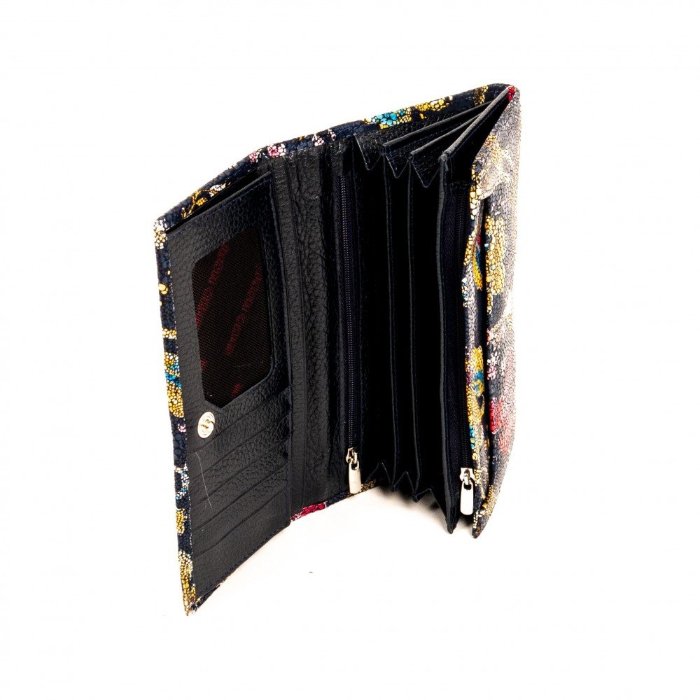 Дамско портмоне ENZO NORI модел CLASSIQUE естествена кожа син с цветя